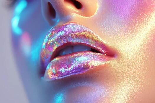 Close-Up of Lips with Iridescent Holographic Gloss and Radiant Multicolor Shine photo