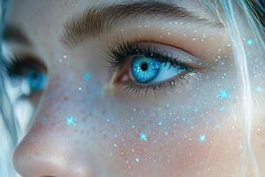 Ethereal Blue Eye Makeup with Glowing Snowflake Elements. Natural Freckles and Ice Queen Aesthetic Close-up Photography photo