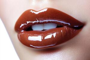 Luxurious Chocolate Brown Lip Gloss with High Shine Finish. Professional Beauty Macro Photography on Fair Skin photo