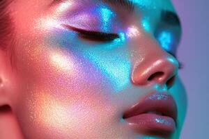Holographic Iridescent Makeup Close Up with Pink and Turquoise Shimmer on Fashion Model Skin photo