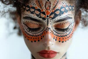 Ornate Black and Orange Face Paint Design, Curly Hair Texture and Bold Red Lipstick in Close-up Portrait photo