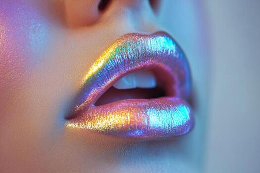 Futuristic Makeup Look with Sparkling Holographic Lip Gloss and Illuminated Skin photo
