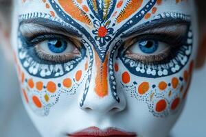 Ethereal White Face Paint with Navy Blue and Orange Geometric Patterns, Piercing Blue Eyes and Artistic Expression photo