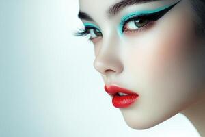 Ethereal Grace Perfect Porcelain Skin with Bold Aqua Eyeshadow and Classic Red Lips photo