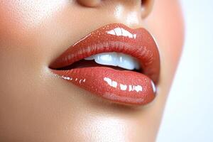 Glossy Nude Lips Close-Up with Elegant Shine and Smooth Skin Texture photo