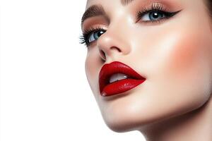 Sophisticated Beauty Portrait with Classic Red Lipstick and Impeccable Makeup photo
