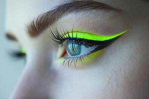 Extreme Close-up of Vibrant Lime Green Liner and Perfect Natural Brows on Blue Eyes photo