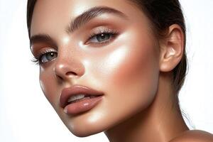 Close-up Portrait Showcasing Luminous Skin, Sculpted Brows and Peachy Neutral Makeup Tones photo
