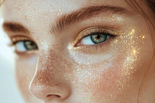 Close-up Portrait with Golden Shimmer Details, Natural Skin Features and Crystal Clear Eye Capture in Studio Setting photo