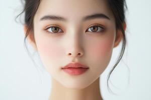 Elegant Asian Beauty Portrait with Natural Makeup and Soft Light Against White Background photo