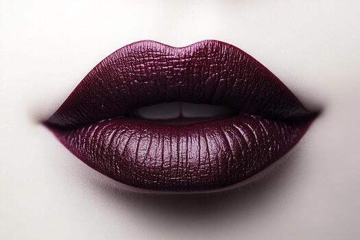 Elegant close up of lips with deep plum matte lipstick highlighting rich color and smooth application photo