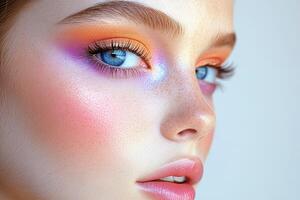 Ethereal Summer Makeup with Orange and Purple Eyeshadow, Blue Eyes and Natural Freckles photo