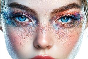 Professional Model Beauty Close Up Photo with Sparkling Colorful Metallic Makeup