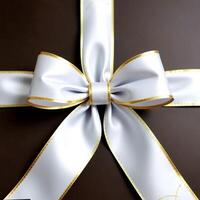 A white and gold bow tied to a gift box photo