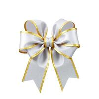 A white and gold bow with a ribbon photo