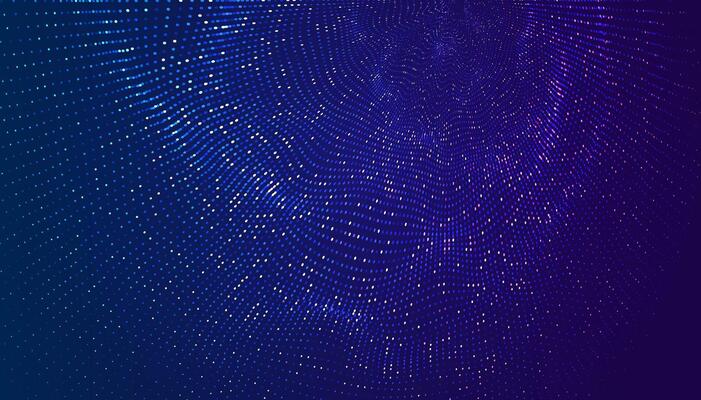 Glowing dots on a dark blue background with sense of depth. 3D wave tunnel made by halftone wave pattern.