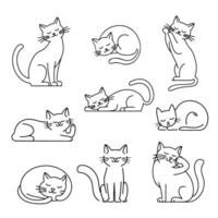 Set of cute cat, minimalist icons. Simple black outline illustrations with playful kittens in various poses. vector