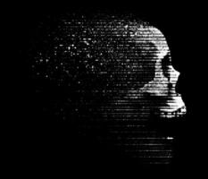 A skull with a black background and white text vector