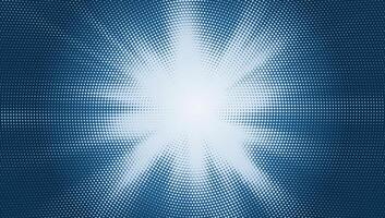 Halftone design with blue radial halftone rays. Vibrant sunburst effect on gradient background. Graphic art template for winter themes. vector
