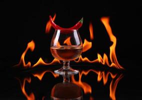 Hot chili pepper in a cognac ballon with a fire on a black background photo