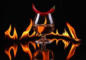 Hot chili pepper in a cognac ballon with a fire on a black background photo