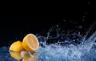Sliced lemon in the water on black background photo