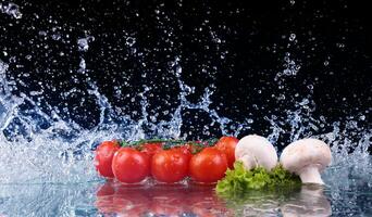 Salad, tomato and with water drop splash photo