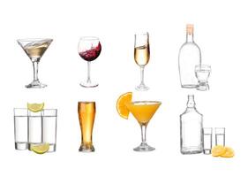 Collage of alcohol drinks. isolated on white photo