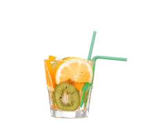 pitcher with a refreshing drink with lemon slices of orange and kiwi on white background photo