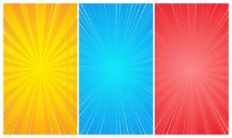 Comic rays wallpaper set. Vintage retro burst vertical background. Zoom effect lines template.. vector