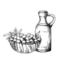 Glass bottle with olive oil and a wooden bowl with olive fruit berries and leaves. illustration. Carafe with food sauce. Black Ink line art hand drawn illustration isolated from background vector