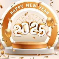 happy new year 2025 creative banner design with illustration of podium, balloons, confetti and 3d number 2025 with white and golden theme vector
