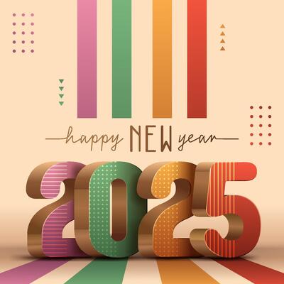 happy new year 2025 colorful square banner, 2025 3d golden illustration with geometric patterns and happy new year calligraphy text