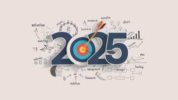 2025 new year target audience concept, Creative thinking drawing charts and graphs business success strategy plan idea on target dart with arrow, illustration modern layout template vector