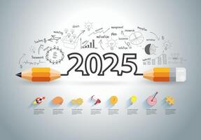 2025 new year target audience concept, Creative thinking drawing charts and graphs business success strategy plan idea on target dart with arrow, illustration modern layout template vector