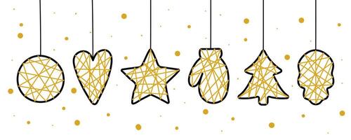 Christmas decorations featuring golden geometric shapes of a bauble, heart, star, mitten, Christmas tree, and ornament on a white background. Modern, elegant, and festive design vector