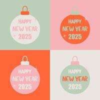 Colorful Happy New Year 2025 illustration featuring festive ornaments in pastel and vibrant tones, arranged in a grid layout with modern typography. vector