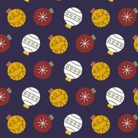 Seamless festive pattern with Christmas baubles in white, red, and yellow, decorated with simple geometric designs, placed on a deep blue background. Modern and minimal holiday aesthetic. vector