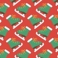 Seamless pattern of green ice skates with yellow laces on a red background in a flat design style. vector