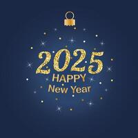 Festive Happy New Year 2025 greeting card with golden glitter text on a dark blue background, decorated with sparkles and confetti. vector