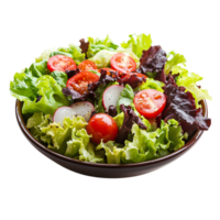 Bowl of fresh salad with lettuce, cherry tomatoes, and greens leaf mix salad and sesame seeds isolated on transparent background png