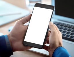 Man Holding Smartphone With Digital Wallet Interface in Modern Office Setting png