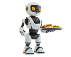 friendly robot serving food on plate, showcasing advanced technology and design. This futuristic robot is perfect for hospitality and service industries png