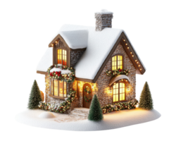 charming winter cottage adorned with festive decorations, snow covered roof, and warm glowing lights, creating cozy holiday atmosphere png