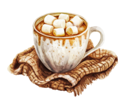 Warm cup of hot chocolate topped with marshmallows, resting on cozy blanket. Perfect for chilly days and comforting treat png