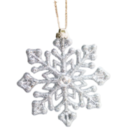 sparkling silver snowflake ornament with intricate details, perfect for holiday decorations. Its shimmering design adds festive touch to any setting png