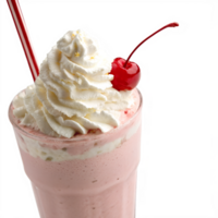 A frosty milkshake topped with whipped cream and a cherry, isolated on a transparent background png