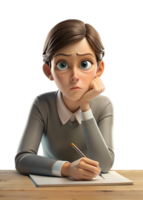 3d style of a person sitting at a desk, leaning forward with a serious expression png