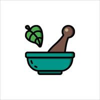 A mortar and pestle icon with a green leaf vector