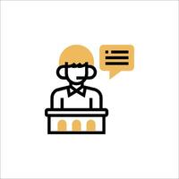 A man in a suit is sitting at a desk with a speech bubble vector